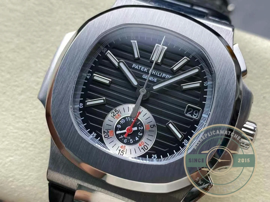 Replica Patek Nautilus 5980-6R White Gold 40.5mm Black Dial, Leather Strap - Swiss Movement Replica Watch