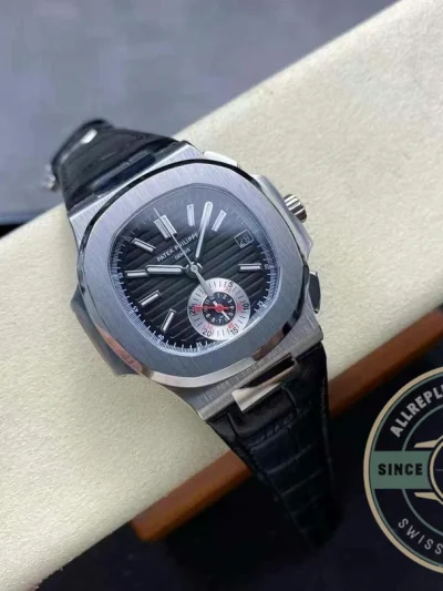 Replica Patek Nautilus 5980-6R White Gold 40.5mm Black Dial, Leather Strap - Factory Super Clone Watch