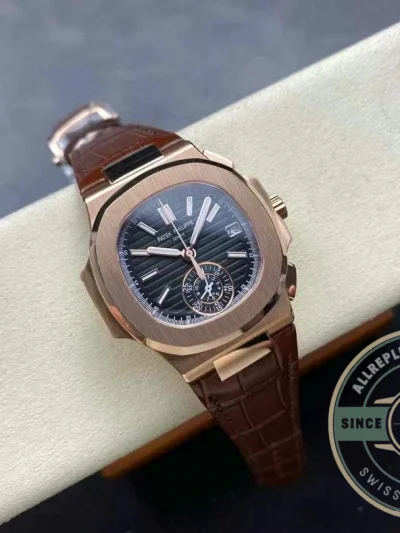 Replica Patek Philippe Nautilus 5980-1R Leather Strap 40.5mm Black Dial - High-Grade Replica Watch