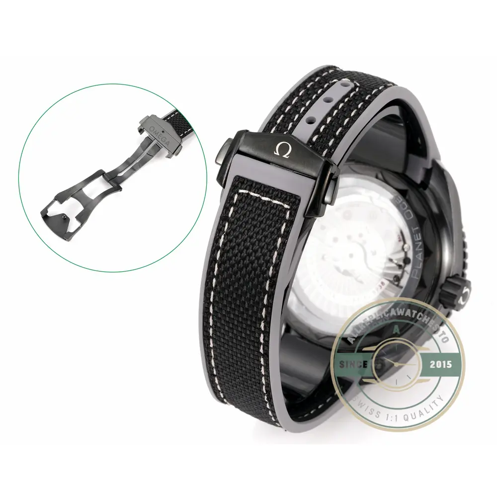 Replica Omega Planet Ocean stealth black 600M on the wrist, helium escape valve on the case flank