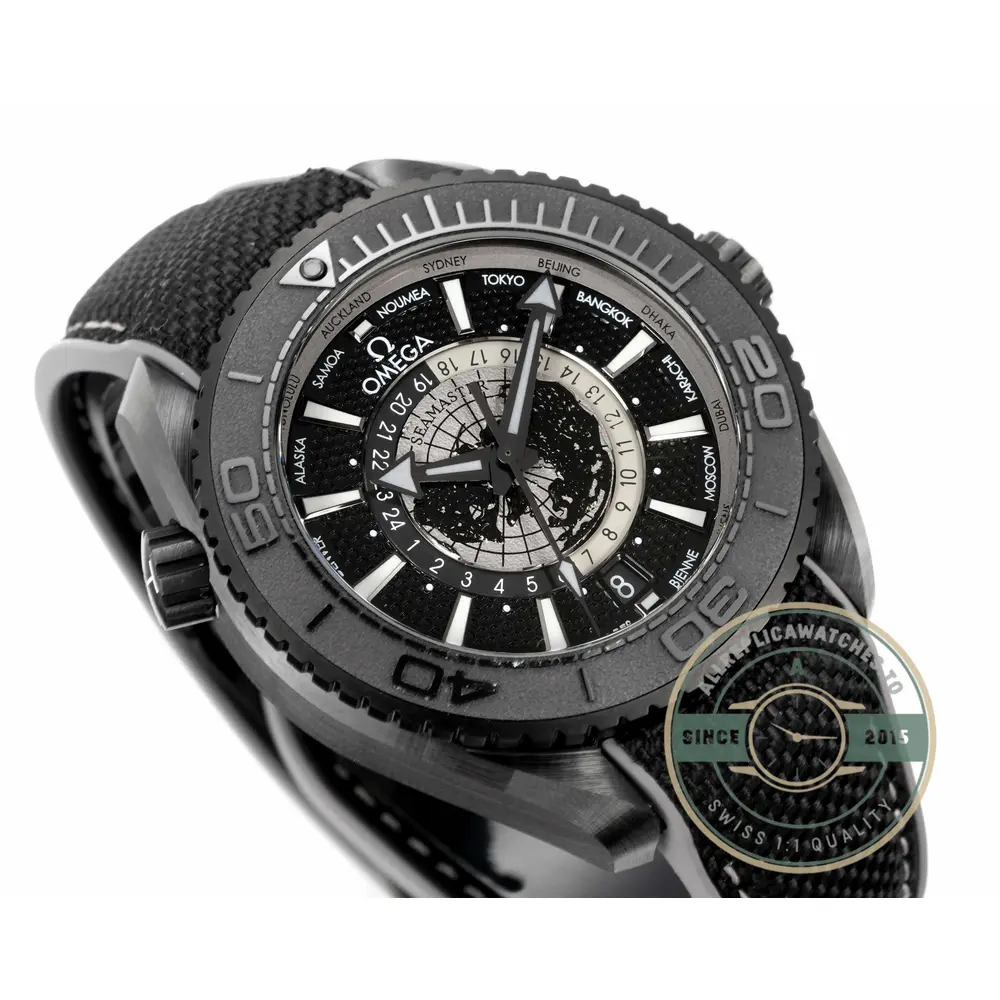 Superclone Omega Planet Ocean luminous markers lifting the black dial out of its own darkness