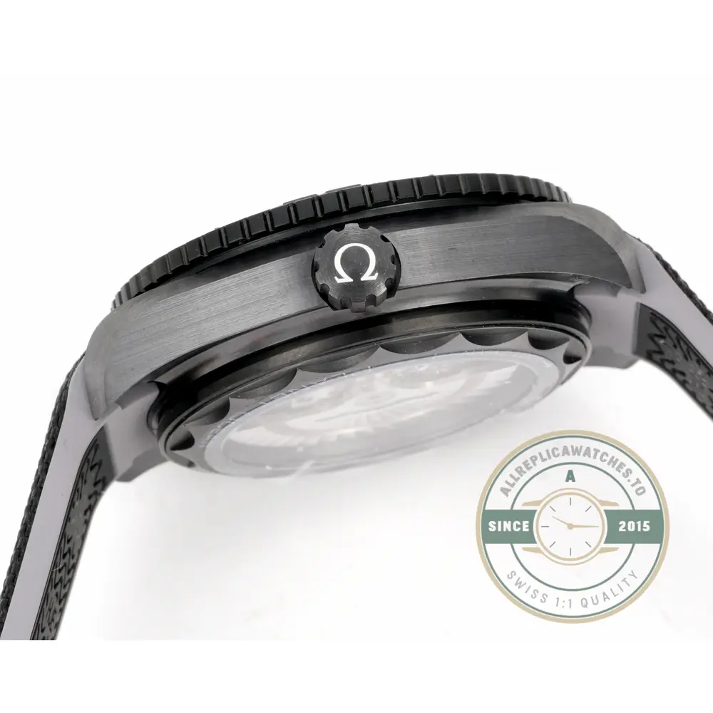 Super clone Omega Planet Ocean polished crown standing out against the matte ceramic flank