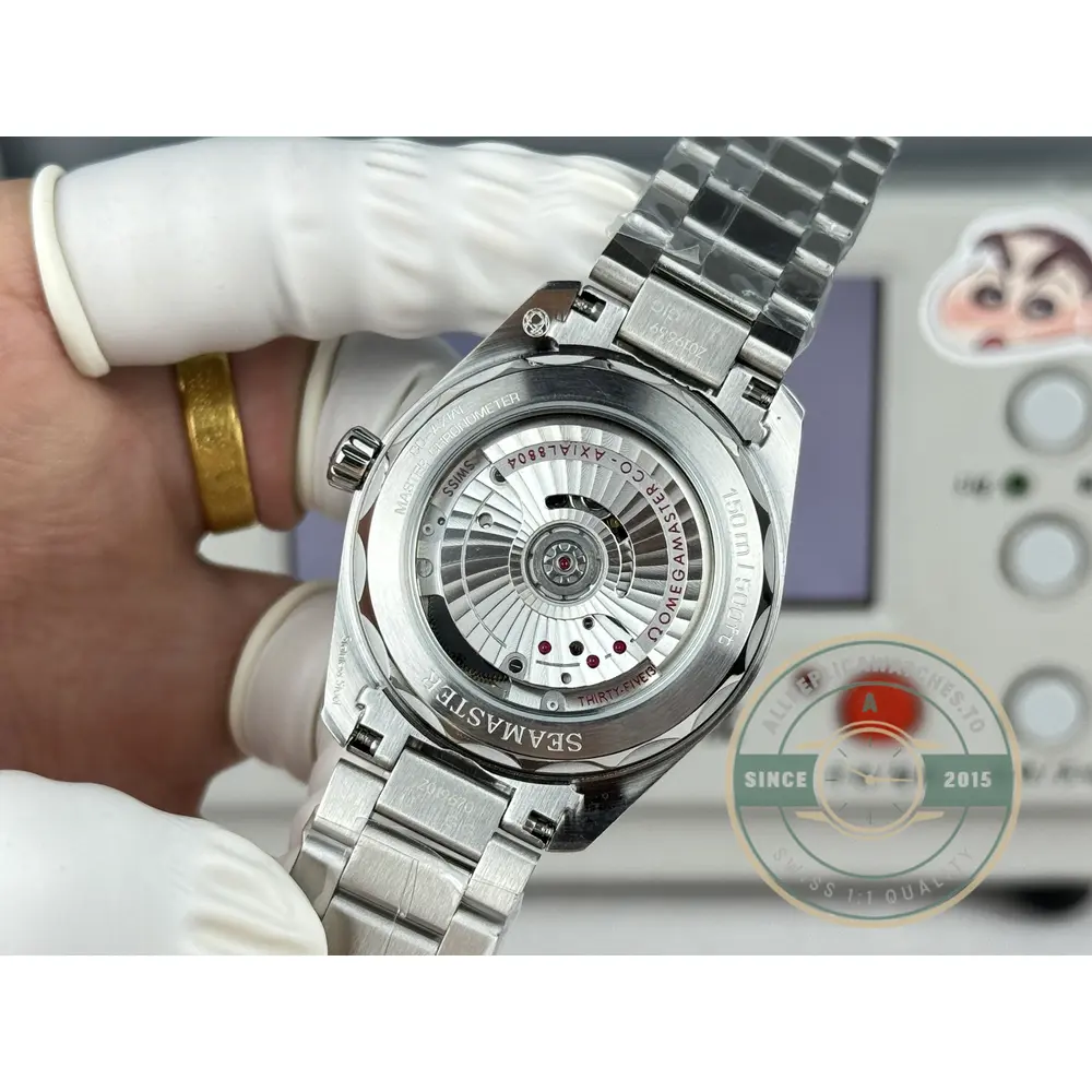 Clone Omega Railmaster sapphire crystal with anti-reflective coating over the brushed grey dial
