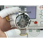 Super clone Omega Railmaster date aperture against the neutral grey dial field