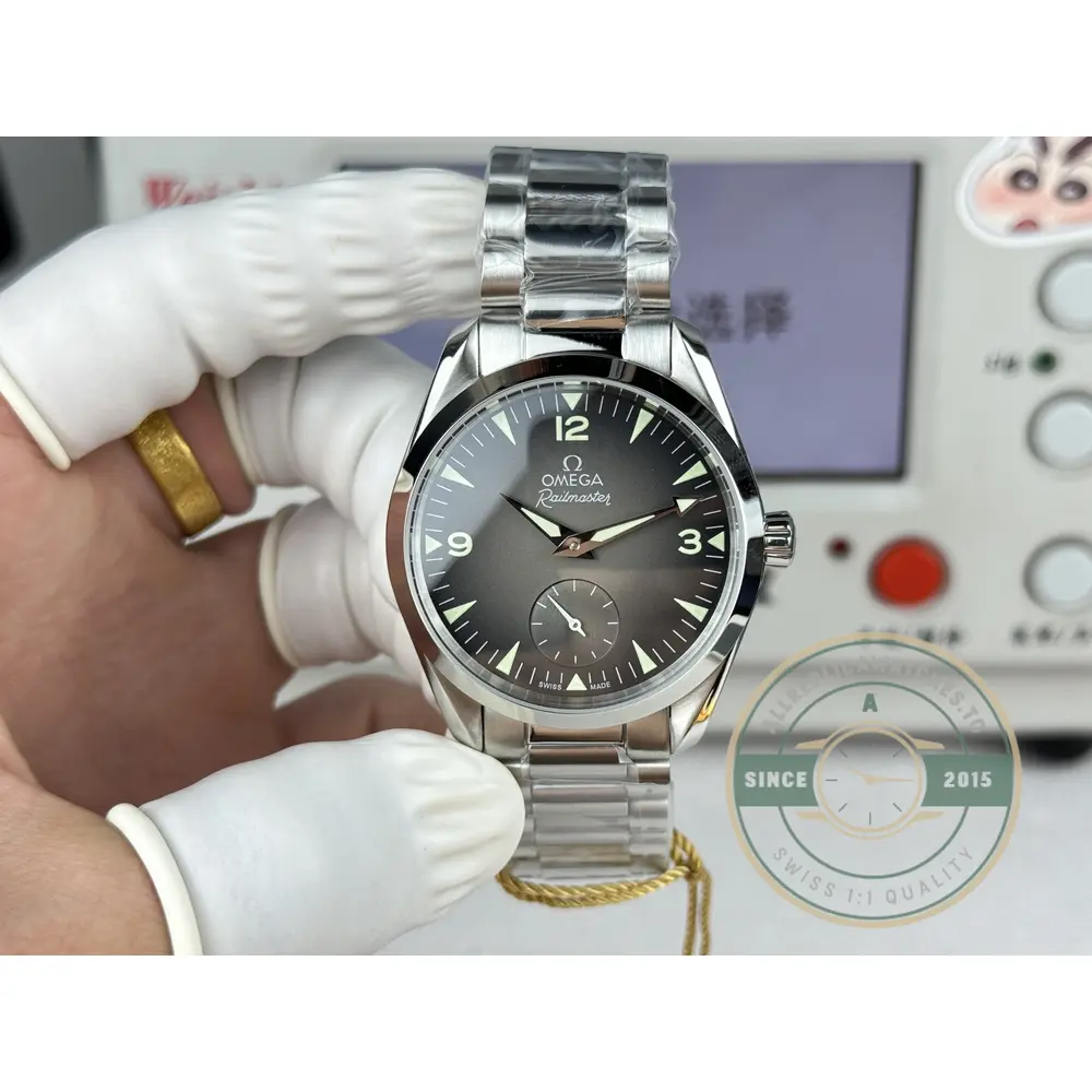 Super clone Omega Railmaster date aperture against the neutral grey dial field
