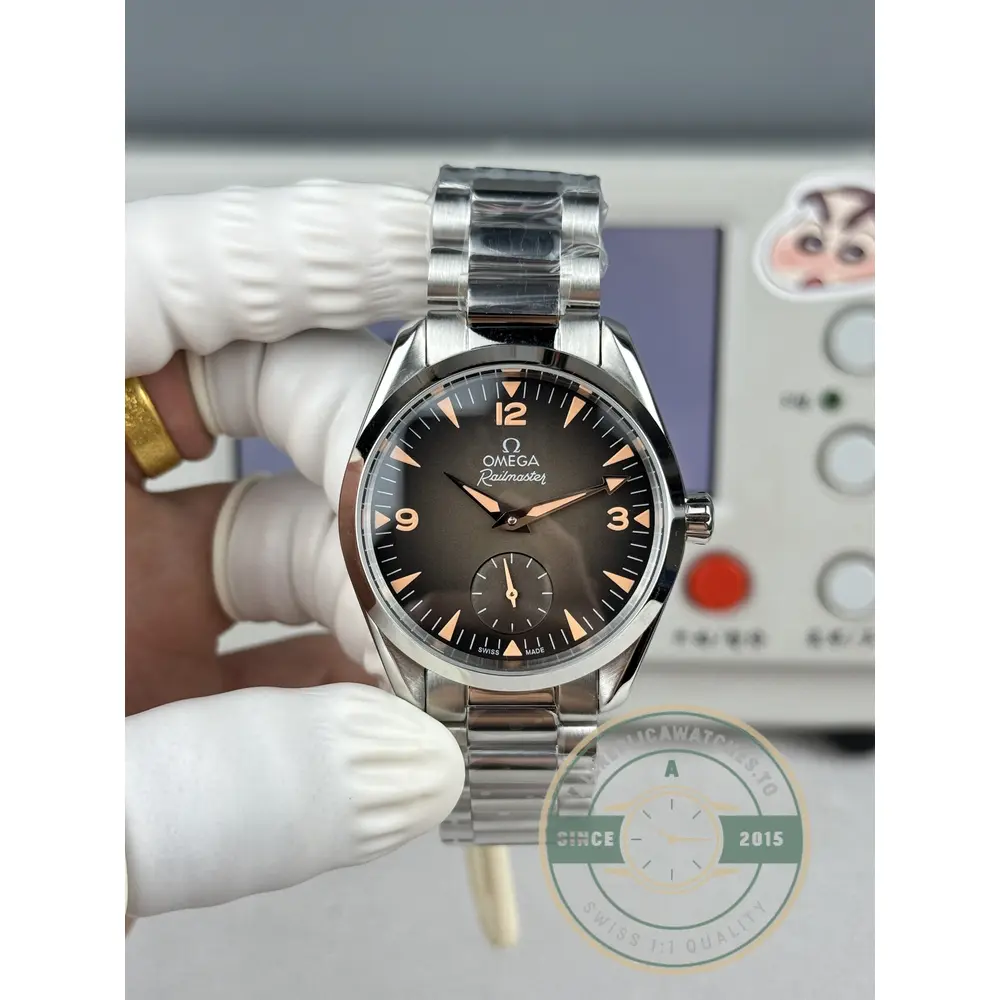 Superclone Omega Railmaster applied indices giving the brown dial surface measurable depth