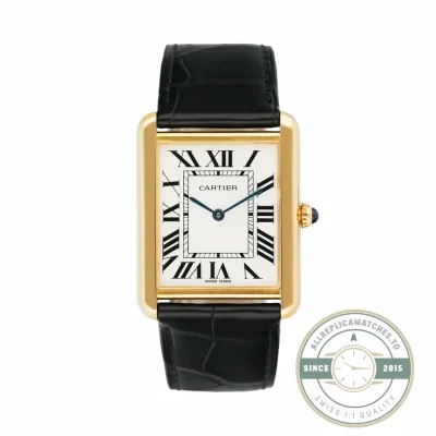 Tank Solo W1018855 from Cartier in yellow gold, white dial, black alligator