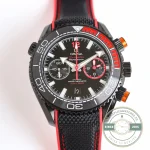 Matte black dial carrying red accented hands, Omega Planet Ocean super clone in a 45.5mm case