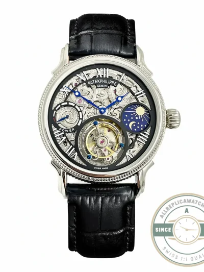 Swiss Clone Patek Tourbillon 42mm Skeletonized Dial White Gold - Luxury Replica Watch