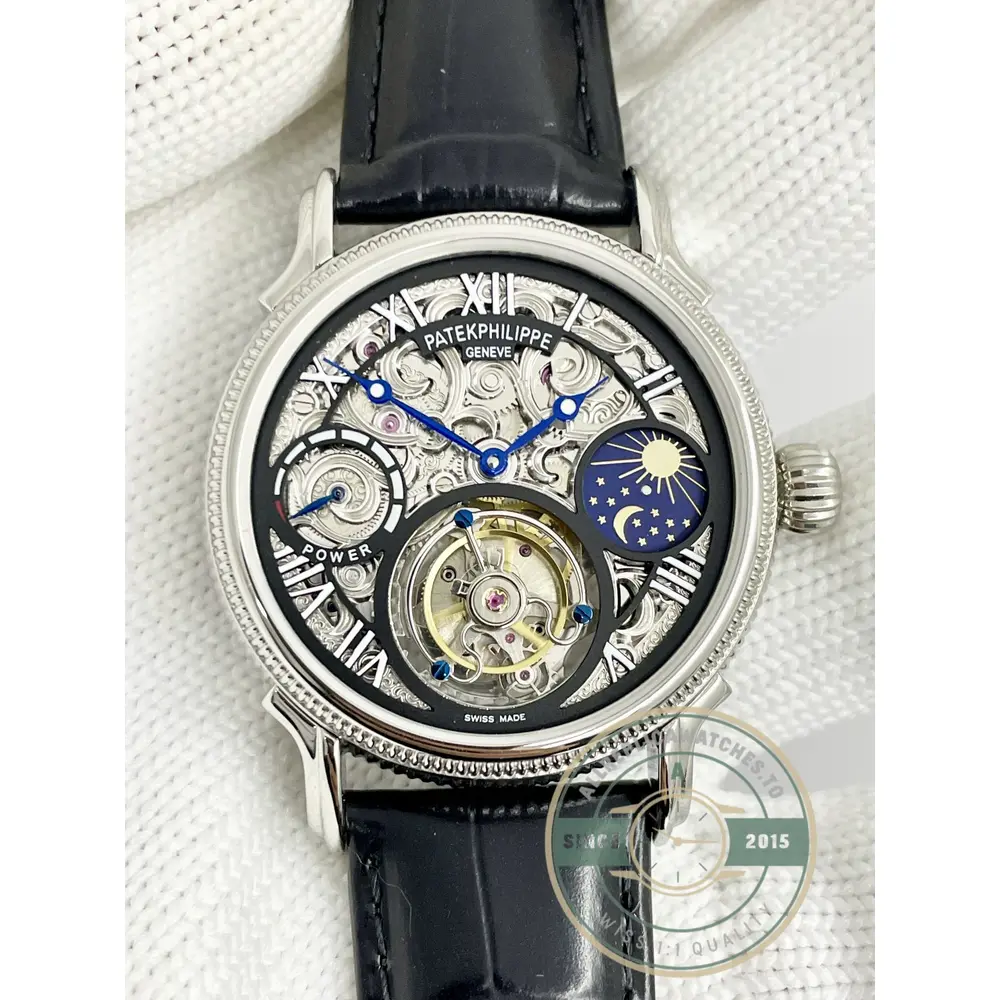 Swiss Clone Patek Tourbillon 42mm Skeletonized Dial White Gold - Swiss-Made Clone Watch