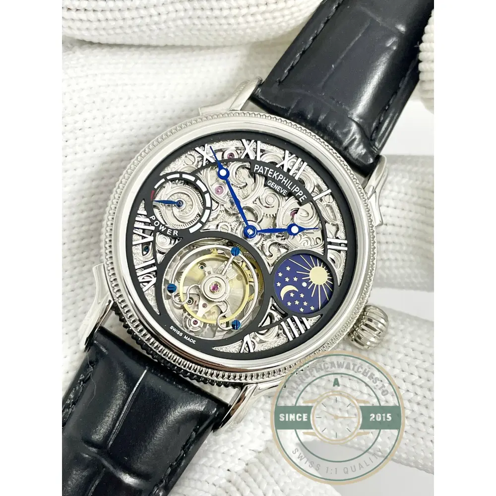 Swiss Clone Patek Tourbillon 42mm Skeletonized Dial White Gold - High-Grade Replica Watch