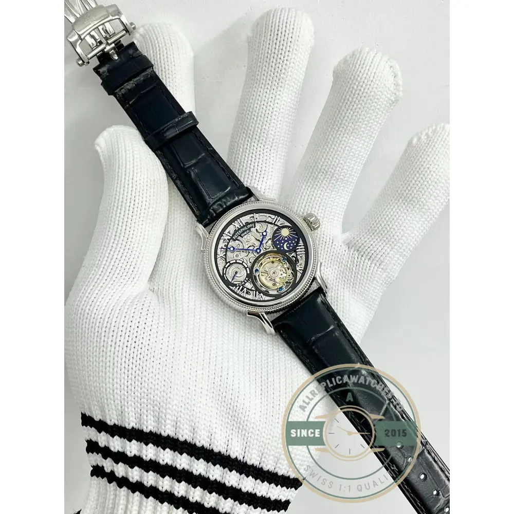 Swiss Clone Patek Tourbillon 42mm Skeletonized Dial White Gold - High-Grade Replica Watch