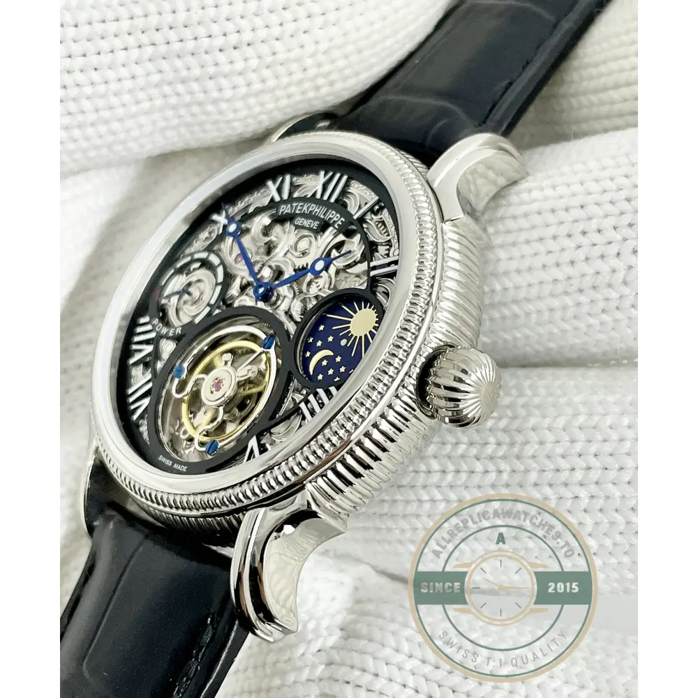 Swiss Clone Patek Tourbillon 42mm Skeletonized Dial White Gold - Luxury Replica Watch