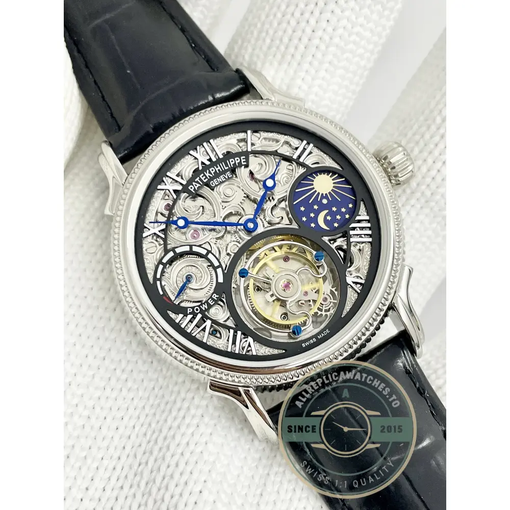 Swiss Clone Patek Tourbillon 42mm Skeletonized Dial White Gold - Budget Luxury Replica Watch