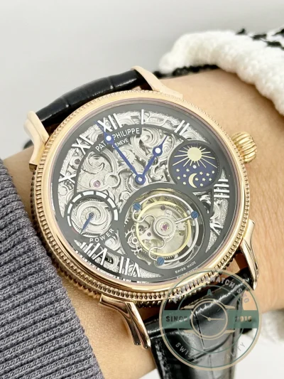 Swiss Replica Patek Tourbillon 42mm skeletonized dial, Rose Gold - Budget Luxury Replica Watch