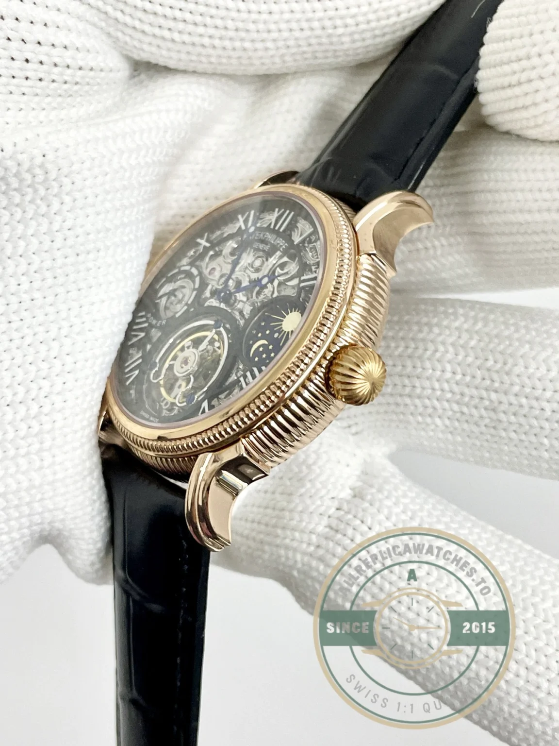 Swiss Replica Patek Tourbillon 42mm skeletonized dial, Rose Gold - Luxury Replica Watch