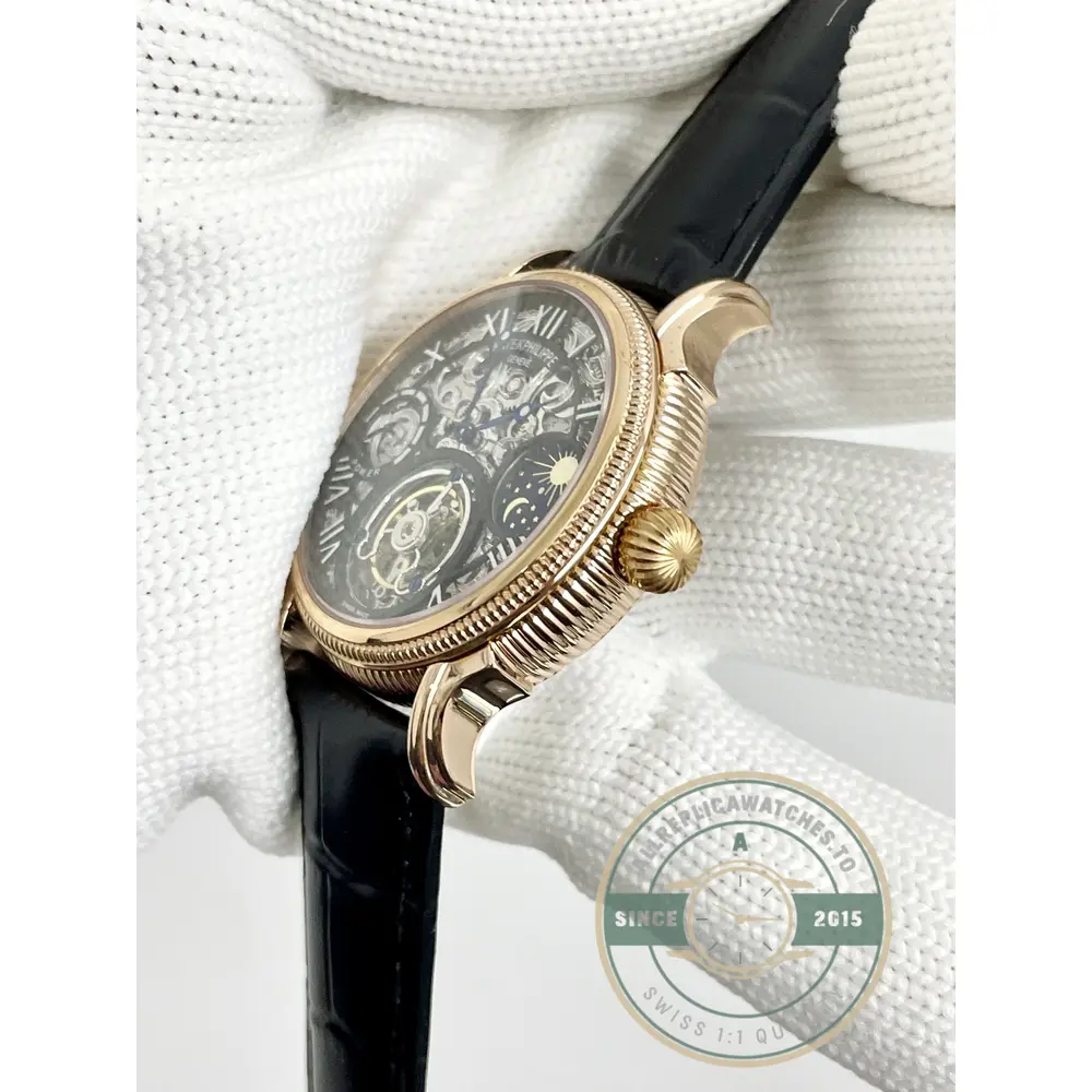 Swiss Replica Patek Tourbillon 42mm skeletonized dial, Rose Gold - Luxury Replica Watch