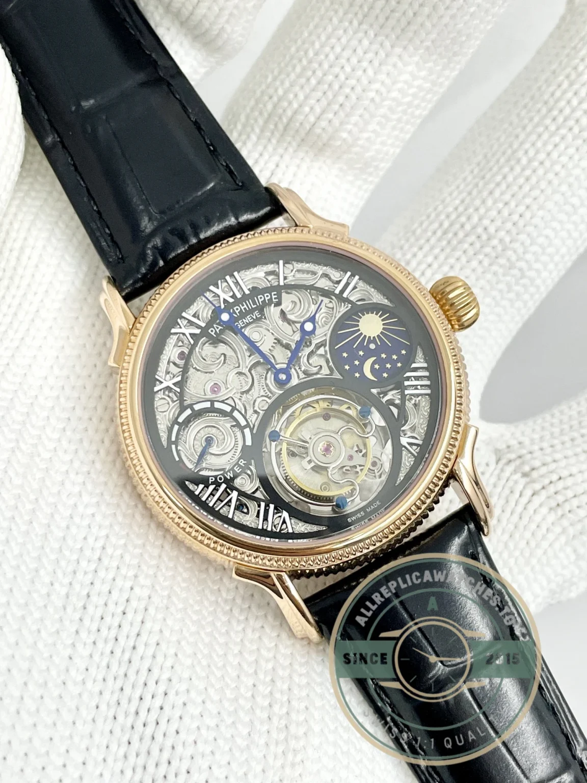 Swiss Replica Patek Tourbillon 42mm skeletonized dial, Rose Gold - 1:1 Swiss Replica Watch