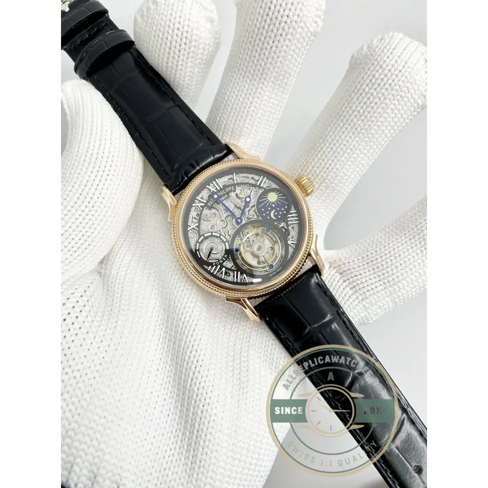 Swiss Replica Patek Tourbillon 42mm skeletonized dial, Rose Gold - Swiss Movement Replica Watch