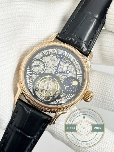 Swiss Replica Patek Tourbillon 42mm skeletonized dial, Rose Gold - Top-Tier Swiss Replica Watch