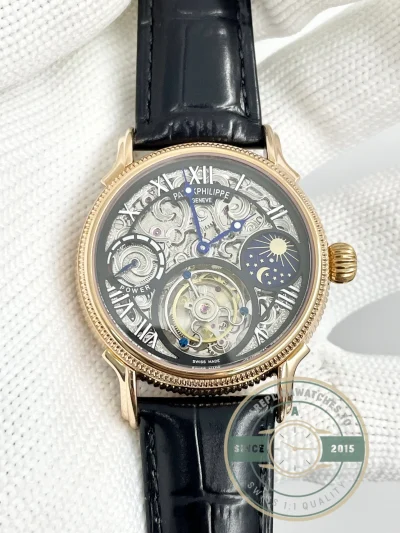 Swiss Replica Patek Tourbillon 42mm skeletonized dial, Rose Gold - Swiss Movement Replica Watch