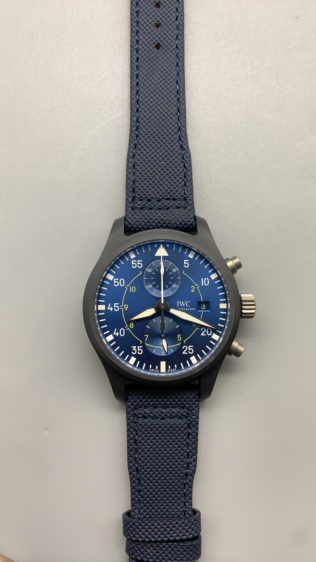 Blue calfskin strap matching the dial rather than contrasting with it