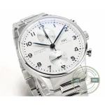 A steel folding clasp closes the black leather on this silver chrono
