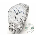 Chronograph hands in blued steel against polished hour and minute hands