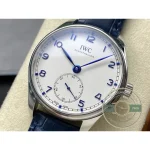 A matching white gold folding clasp fastens the blue alligator strap