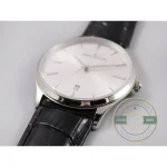 Wrist shot of the Master Ultra Thin Date Q1288420 replica on its black alligator strap
