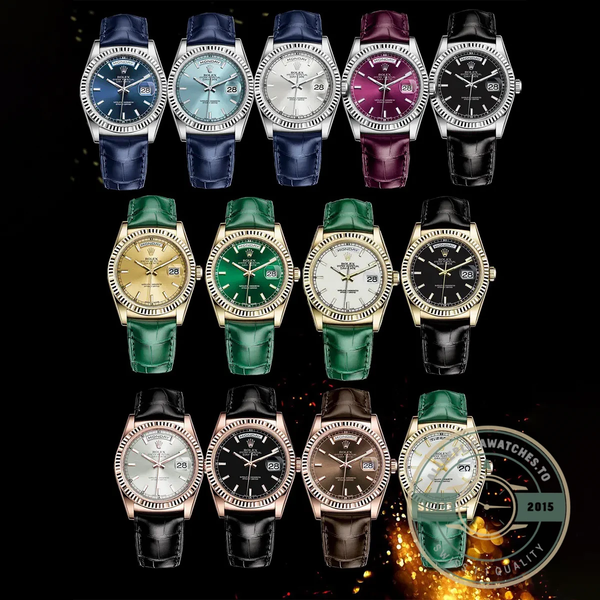 Full Super Clone Day-Date 40mm On leather Strap Collection - High-Grade Replica Watch