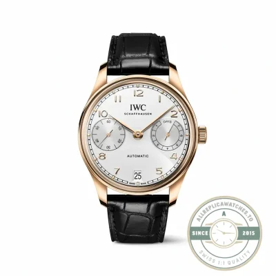 Portugieser IW500701 replica in 42mm rose gold with a silver-plated dial