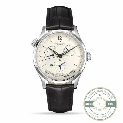 Master Geographic Q1428421 on black alligator, eggshell dial inside a steel case
