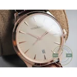Side profile showing the slim rose gold case of the JLC Master Ultra Thin Date clone