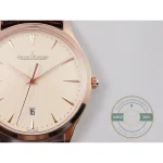 Crown and case flank of the Q1282510 Master Ultra Thin Date super clone in rose gold