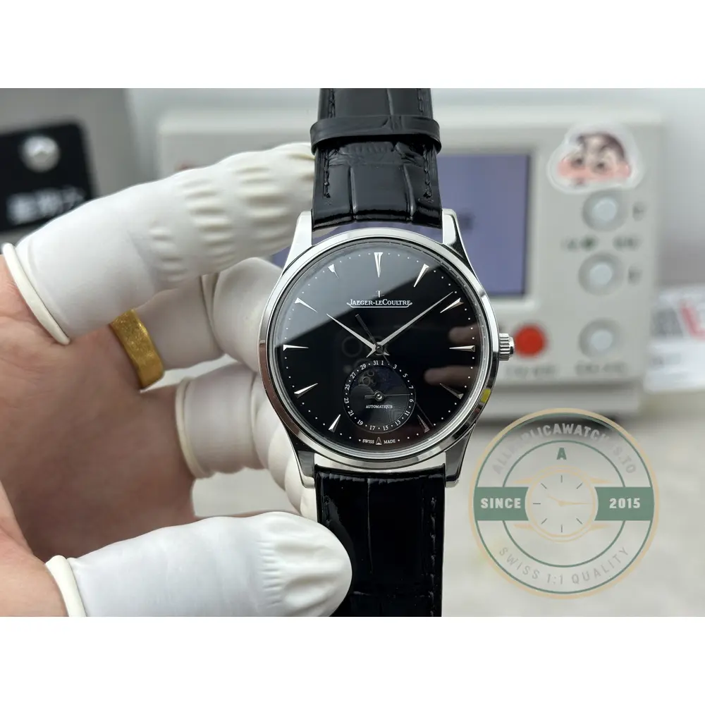 Dauphine hands and applied indices on the black dial of the Master Ultra Thin Moon clone