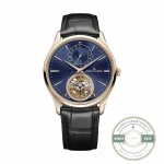 Pink gold JLC Master Ultra Thin Tourbillon replica, full dial view with blue guilloché and date arc