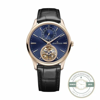 Pink gold JLC Master Ultra Thin Tourbillon replica, full dial view with blue guilloché and date arc