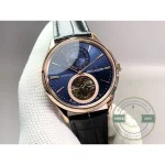 Radiating sunburst guilloché engraving on the blue dial, photographed under angled light