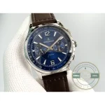 White tachymetre scale printed over the opaline blue flange of the chronograph