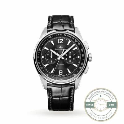 Polaris Chronograph 9028470 with black dial and black alligator strap, shot square to the lens
