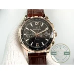 Pink gold crown at 3 o'clock sitting between the two round chronograph pushers at 2 and 4