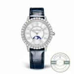 White gold Dazzling Moon on blue alligator, two diamond rows framing the dial