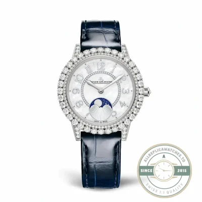 White gold Dazzling Moon on blue alligator, two diamond rows framing the dial