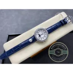 Whole watch from above on the cushion, strap laid straight below the case