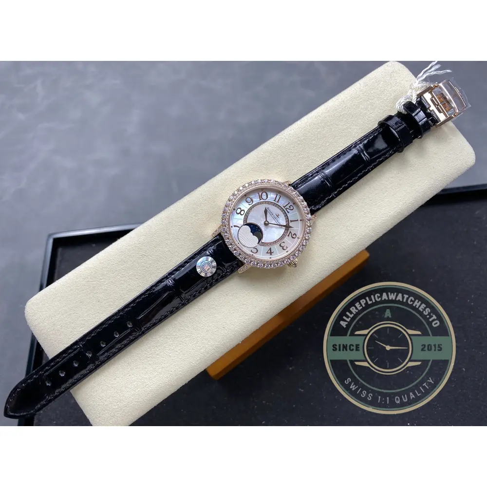 Whole watch angled on a cushion, black strap running the length of the frame