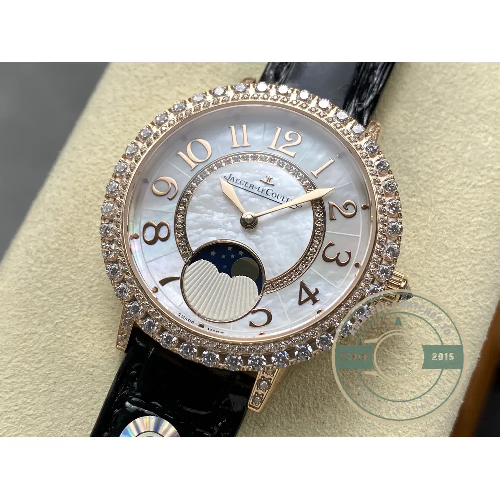 Dial close-up: pink gold floral numerals, inner diamond ring, moon on blue sky
