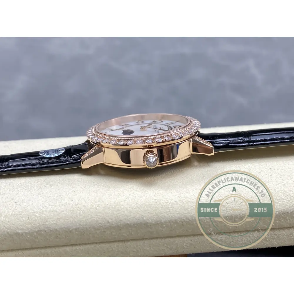 Case profile on the cushion, gem-set crown standing out from the pink gold band