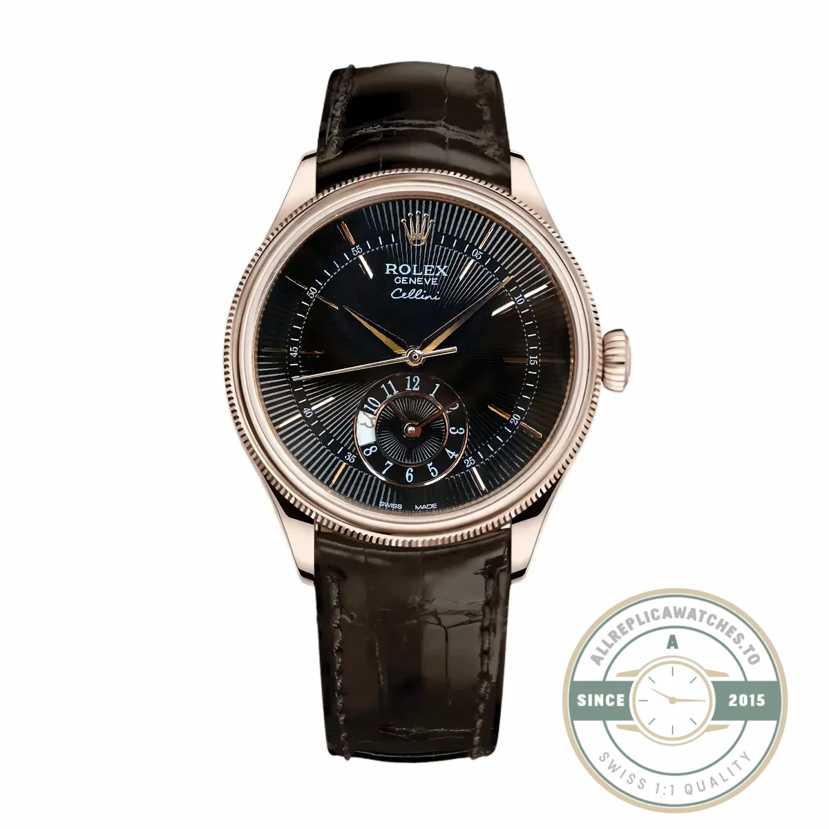 Replica Rolex Cellini Dual Time Rose Gold 50525 Black Dial - Swiss-Made Clone Watch