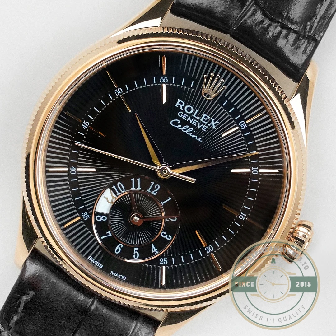 Replica Rolex Cellini Dual Time Rose Gold 50525 Black Dial - Top-Tier Swiss Replica Watch
